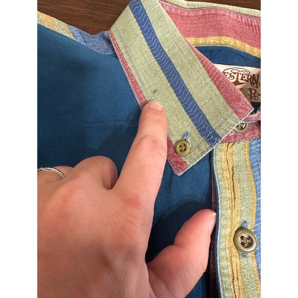 VTG Western Cowboy Retro Button Shirt Men Large Aztec 90s Stripes Stain Starched - Picture 8 of 12